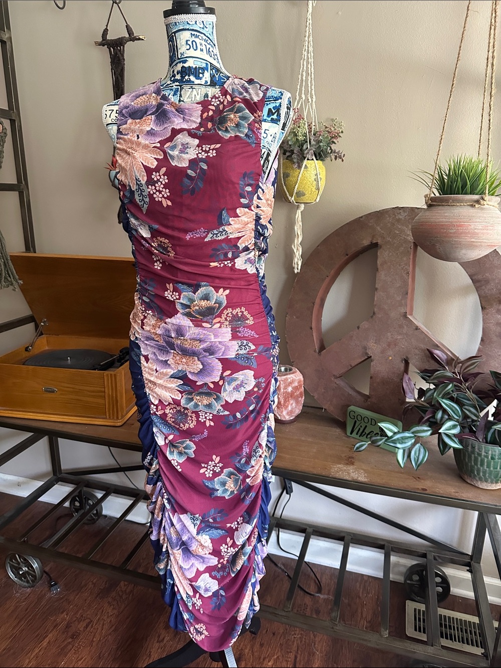 FARM Rio for Anthropologie Burgundy Floral Ruched Midi Dress